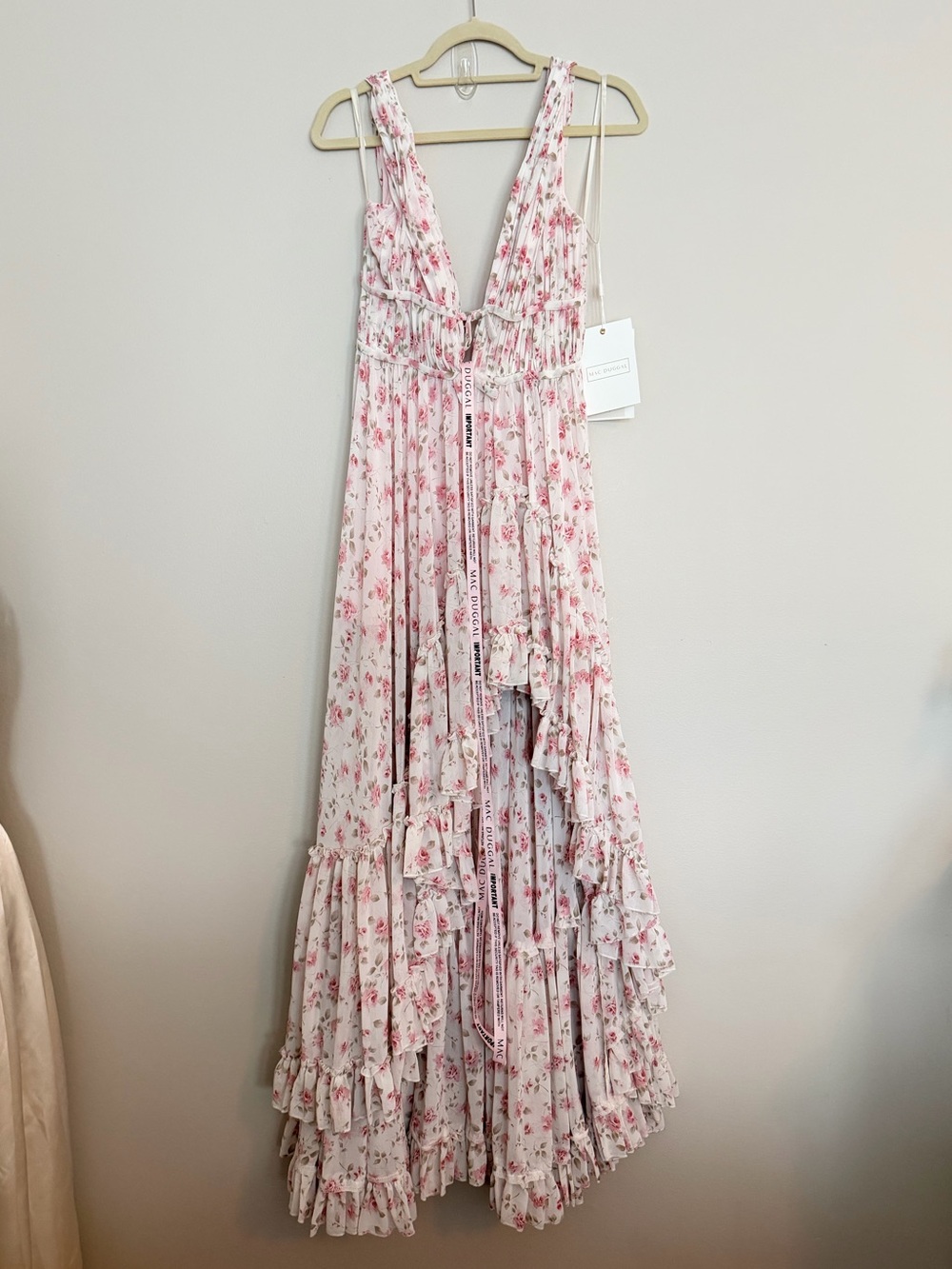 NWT Mac Duggal Multicolor Floral Print Sleeveless Ruffled High-Low Gown pink - Picture 3 of 14